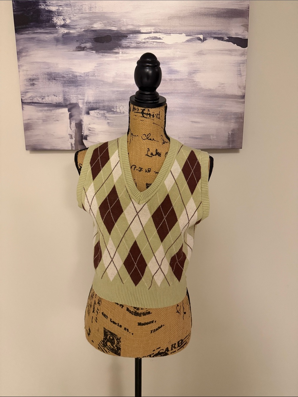 Haute Monde Argyle V-Neck Sweater Vest - Light Green/Brown/White